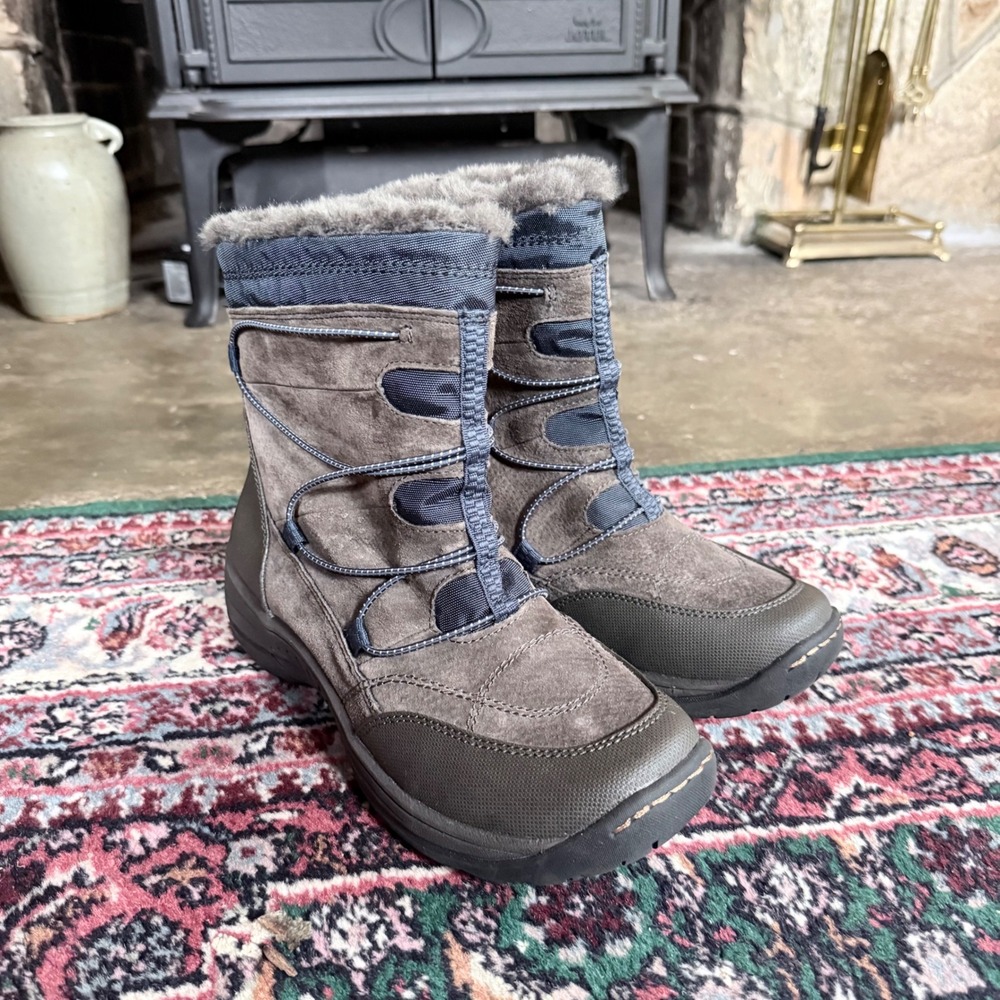 Rusty Winter Boots Womens 10M Grey Navy Excellent Faux Fur Side Zip Lug Sole